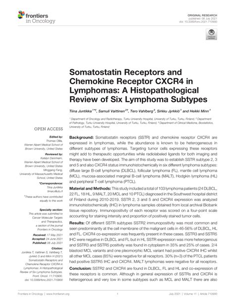 PDF Somatostatin Receptors And Chemokine Receptor CXCR4 In Lymphomas