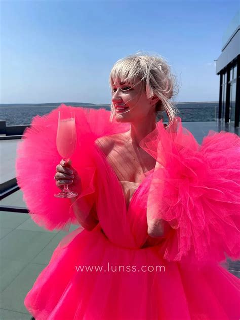 Fluffy Ruffled Hot Pink Tulle Short Dress With Long Train Lunss