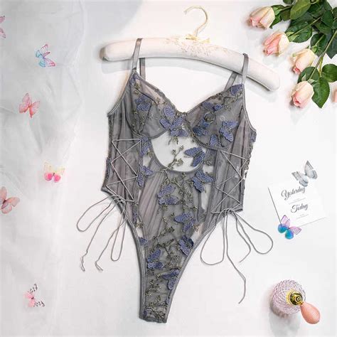 Women Sexy Top Mesh Sheer One Piece Lace Up Floral Embroidered Teddy Lingerie Bodysuit Alibaba