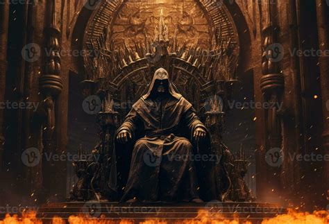 Man in hood sitting on royal throne in dark castle hall. 25478299 Stock
