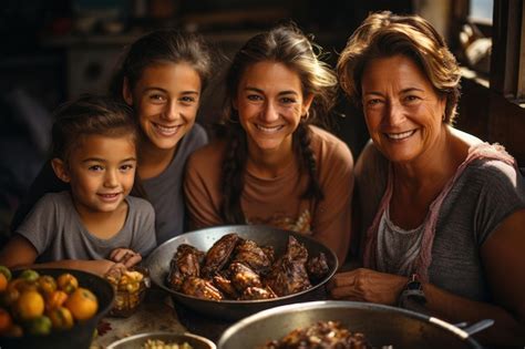 Família latina na hora do almoço comendo frango Foto Premium