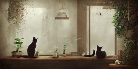 A Cat On A Desk In An Office With Mirrors Potted Stable Diffusion