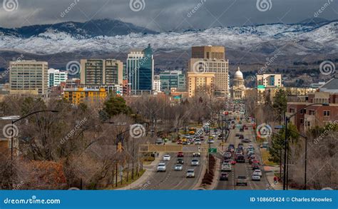 City of Boise with Snow in the Foothills and Sun Shining on the Stock ...