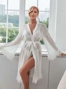 Appliques Trumpet Sleeve Belted Mesh Sleep Robe Without Lingerie Set Vacation Shein Usa