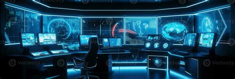 Command center interior banner. 3d room with neon light. Sci-fi concept ...