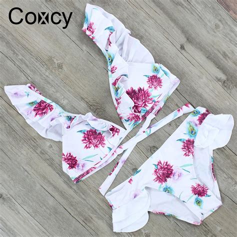 Coxcy Ruffle Sexy Two Pieces Bikini Floral Swimwear Push Up Swimsuit