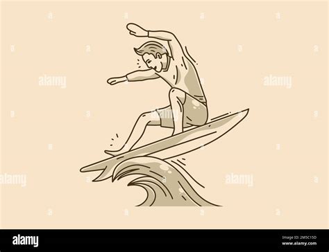 Vintage Art Illustration Of Man Surfing On The Waves Stock Vector Image