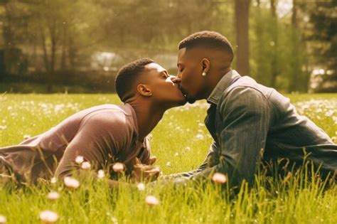 Afro Gay Americanos Bes Ndose En La Hierba Relaciones Del Mismo Sexo Foto Premium