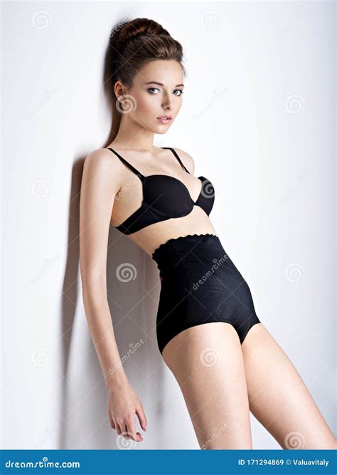 Beautiful And Girl With Long Hair Wearing Black Lingerie Stock Image Image Of Background