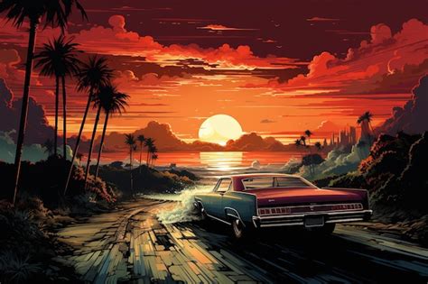 Ilustra O De Estilo Carro Dirigindo Ao P R Do Sol Vetor Premium