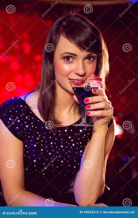 Pretty Brunette Drinking A Cocktail Stock Image Image Of Frivolity Front