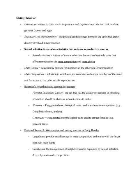 Notes Mating Behavior Mating Behavior Primary Sex Characteristics Refer To
