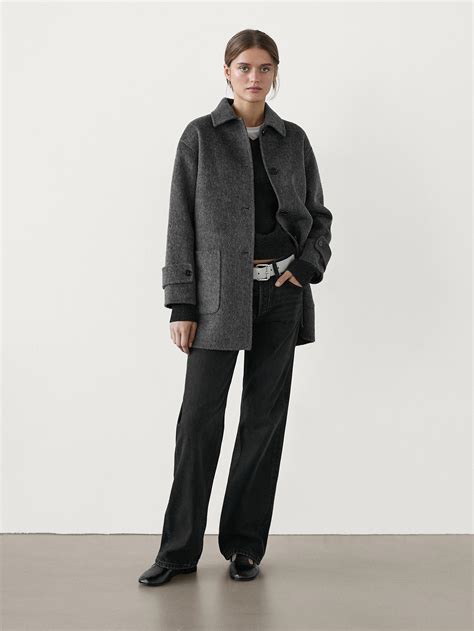 Manteau Mi Long En Laine Mélangée · Gris Foncé Massimo Dutti