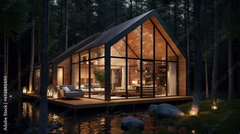 Modern Luxury Villa Exterior In Minimal Style For Luxury Glamping Glass Cottage In The Woods At