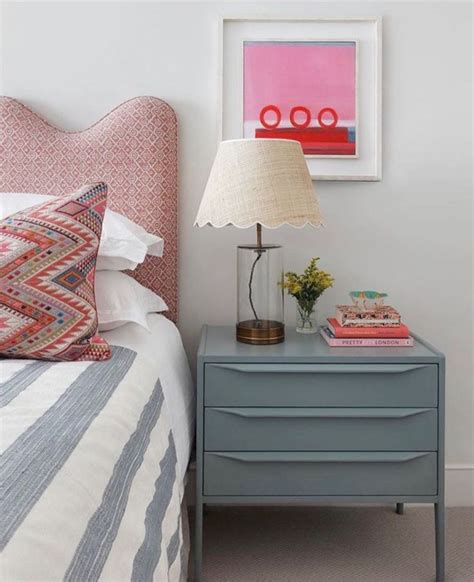 Art over the bed | Coloured bedside tables, Pop of colour bedroom, Mid ...