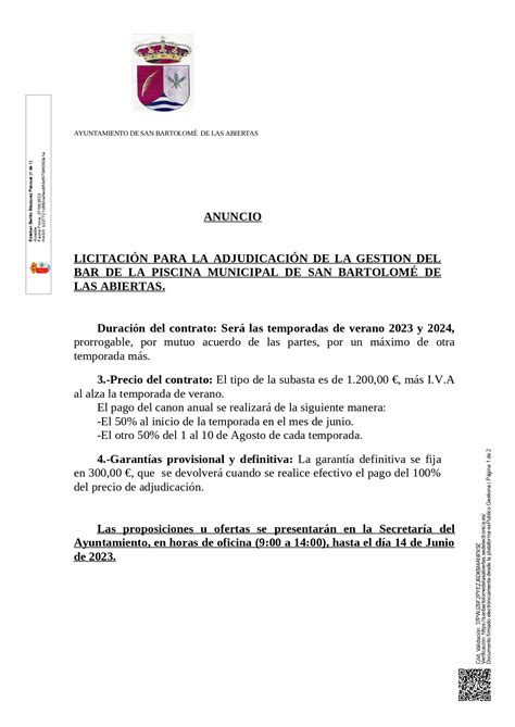 LICITACIÓN PARA LA ADJUDICACIÓN DE LA GESTION DEL BAR DE LA PISCINA