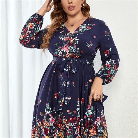 Plus Size Floral Print Long Sleeve V Neck Midi Dress Women S Plus