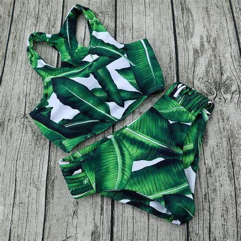 High Neck Bikini Women Swimwear 2017 Hot Printed Green Leaf Bandage