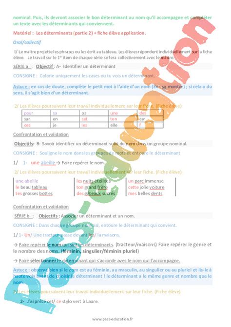 Les déterminants Ce1 Étude de la langue Fiche de préparation