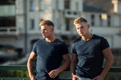 Twins Athletic Man With Naked Torsos Standing On Mountain Stock Image Image Of Leader