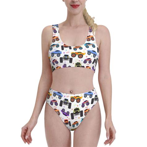 Logiee Cartoon Monster Trucks1 Print Women S 2 Piece Bikini Set Halter Bathing Suit High Waisted