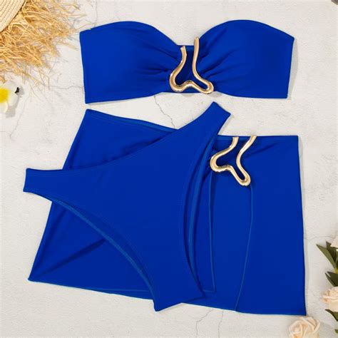 Dorinao Summer Three Piece Bikini Set Gold Trim Sexy Bandeau Top High Waist Bottoms