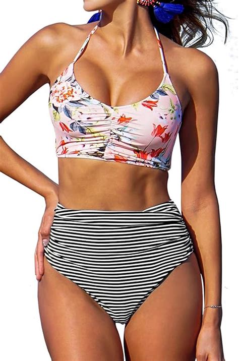 Amazon CUPSHE Womens Bikini Swimsuit Floral Print Halter Lace Up Two Piece Bathing Suit