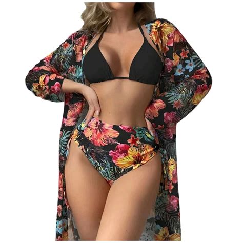 Floral Low Waist Bikini Set Cover Up Swimsuit For Women Push Up Long Sleeve Pieces
