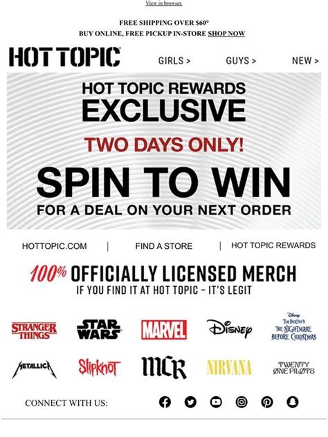 Hot Topic Spin To Win Up To Off Site Just For Hot Topic Rewards Members Milled
