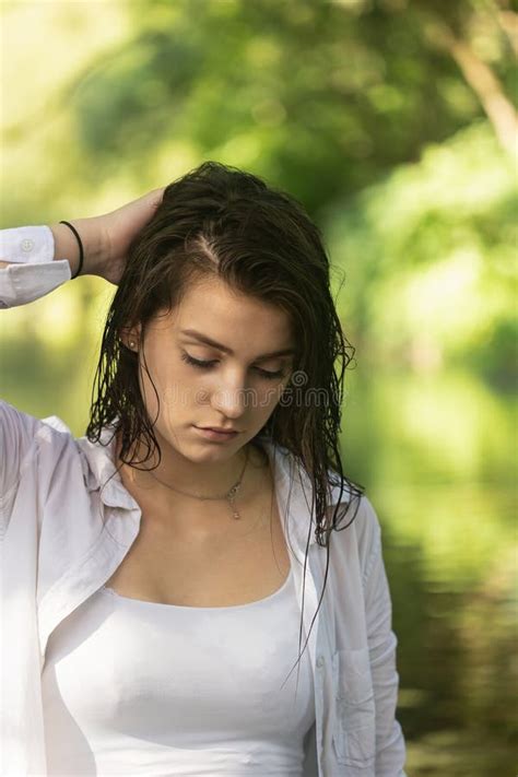 Sad Wet Hair Brunette Girl Is Posing Outdoors Stock Image Image Of Body Face 321220857
