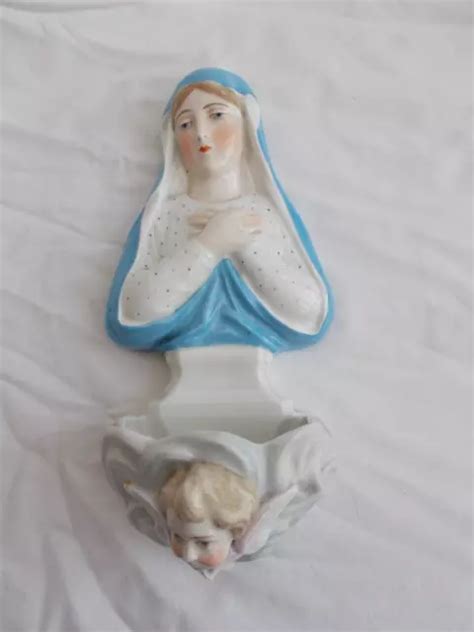 Benitier Ancien Porcelaine Marie Ange Polychrome Religieux Antique