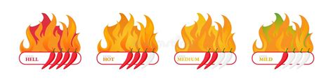 Spicy Hot Chili Pepper Icons Set With Flame And Rating Of Spicy Stock