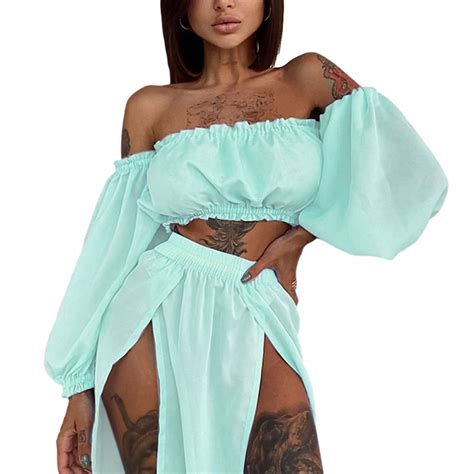 Sexy Women Bikini Cover Up Sets Solid Color Long Sleeve Off Shoulder Crop Top And