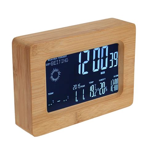 Smart WiFi LCD Alarm Clock Calendar Temperature Humidity Weather Forecast Wooden Digital Alarm ...