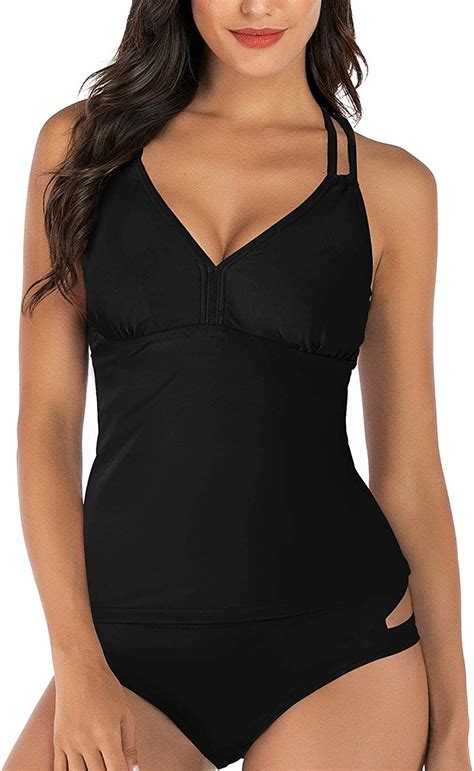Amazon Haivido Women S V Neck Tankini Set Criss Cross Back Tankini Top With Bikini Bottom
