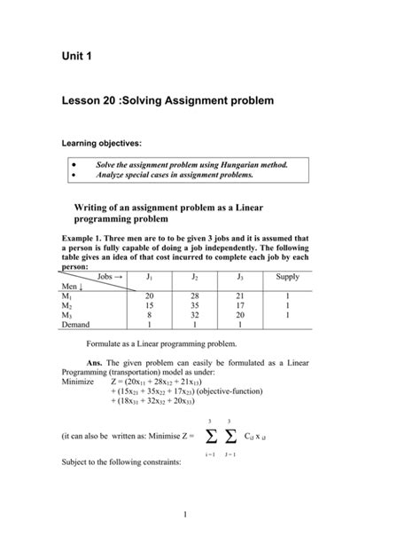 Unit 1 Lesson 20 Solving Assignment Problem