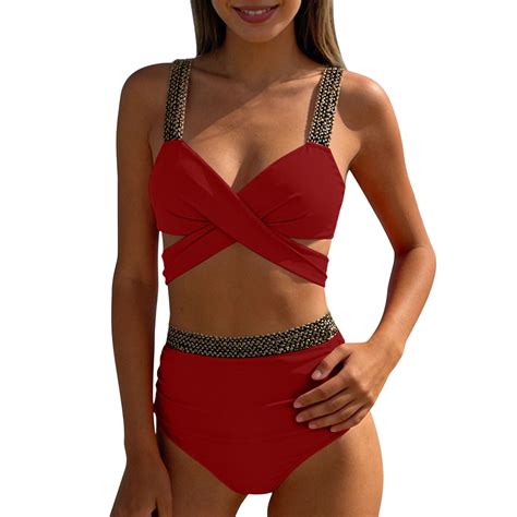 DISKEBUISS Women S Bikini Swimsuits Criss Cross Halter Tummy Control