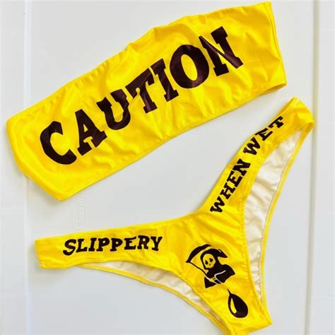 Dolls Kill Swim Dolls Kill Yellow Caution Slippery When Wet Bandeau High Leg Bikini Set