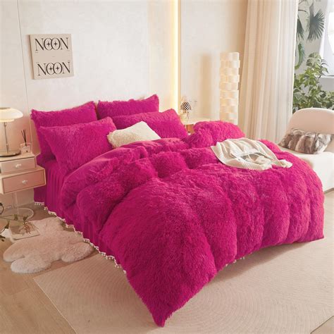 Amazon Fluffy Hot Pink Comforter Cover Queen SetFaux Fur Pink Bedding Sets Queen Pieces