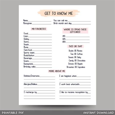 Coworker Questions Printable All About Me Employee Questionnaire