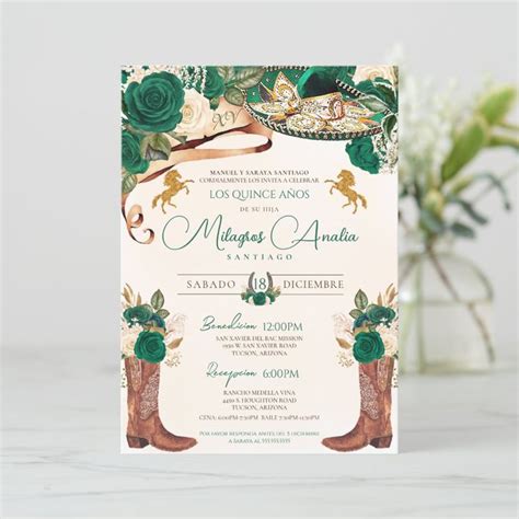 Emerald Jade Green Rose Western Charro Quincea Era Invitation Zazzle