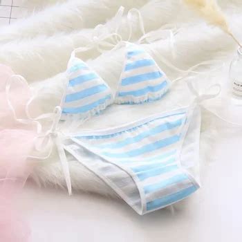 Japan Sexy Lingerie Lolita Kawaii Blue Pink White Striped Mini Bikini Adult Cosplay Women Bra