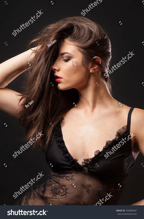 Sexy Brunette Black Lingerie On Black Stock Photo 256085401 Shutterstock