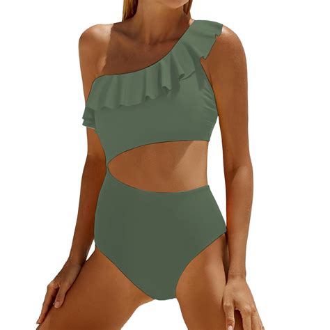 Wiueurtly Bikini Sets For Women Cutout Swimsuits One Shoulder Ruffle Cut Out Bathing Suit