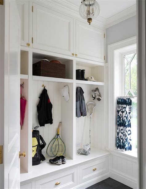 White Mudroom Lockers with Blue Ikat Cafe Curtains - Transitional ...