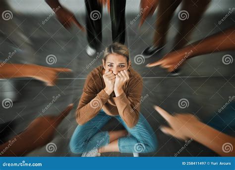 Fear Bullying And Hands Pointing At Girl Scared Sad And Crying For