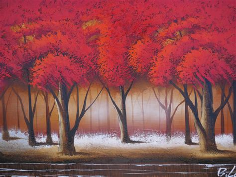 Red Tree Painting Oil on Canvas Wall Art Beautiful Decor | Etsy