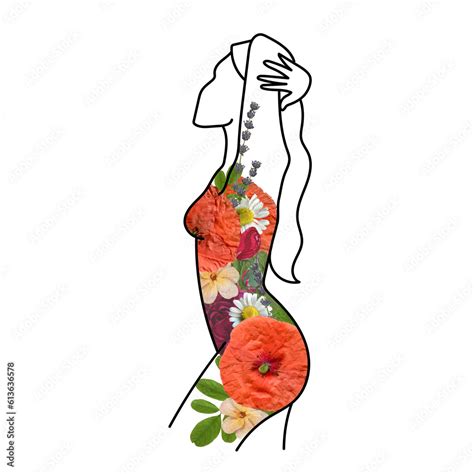 Line Art Woman Naked With Watercolor Flowers Isolated On White Background Stock Illustration