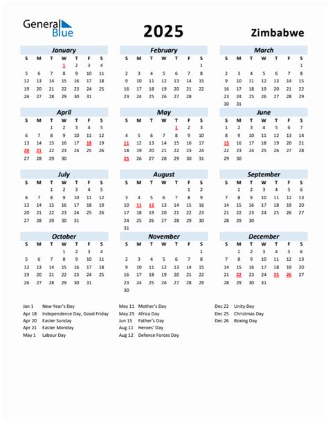 2025 Zimbabwe Calendar with Holidays