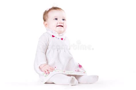 Cute Baby Girl in a White Dress Stock Photo - Image of indoor, funny ...